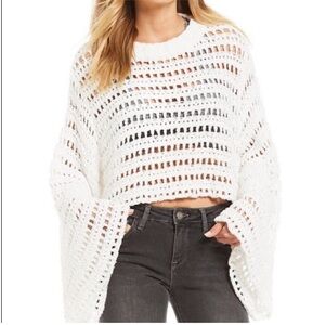 Free People Caught Up Crochet Sweater Crop Top Size M White Bell-Sleeve